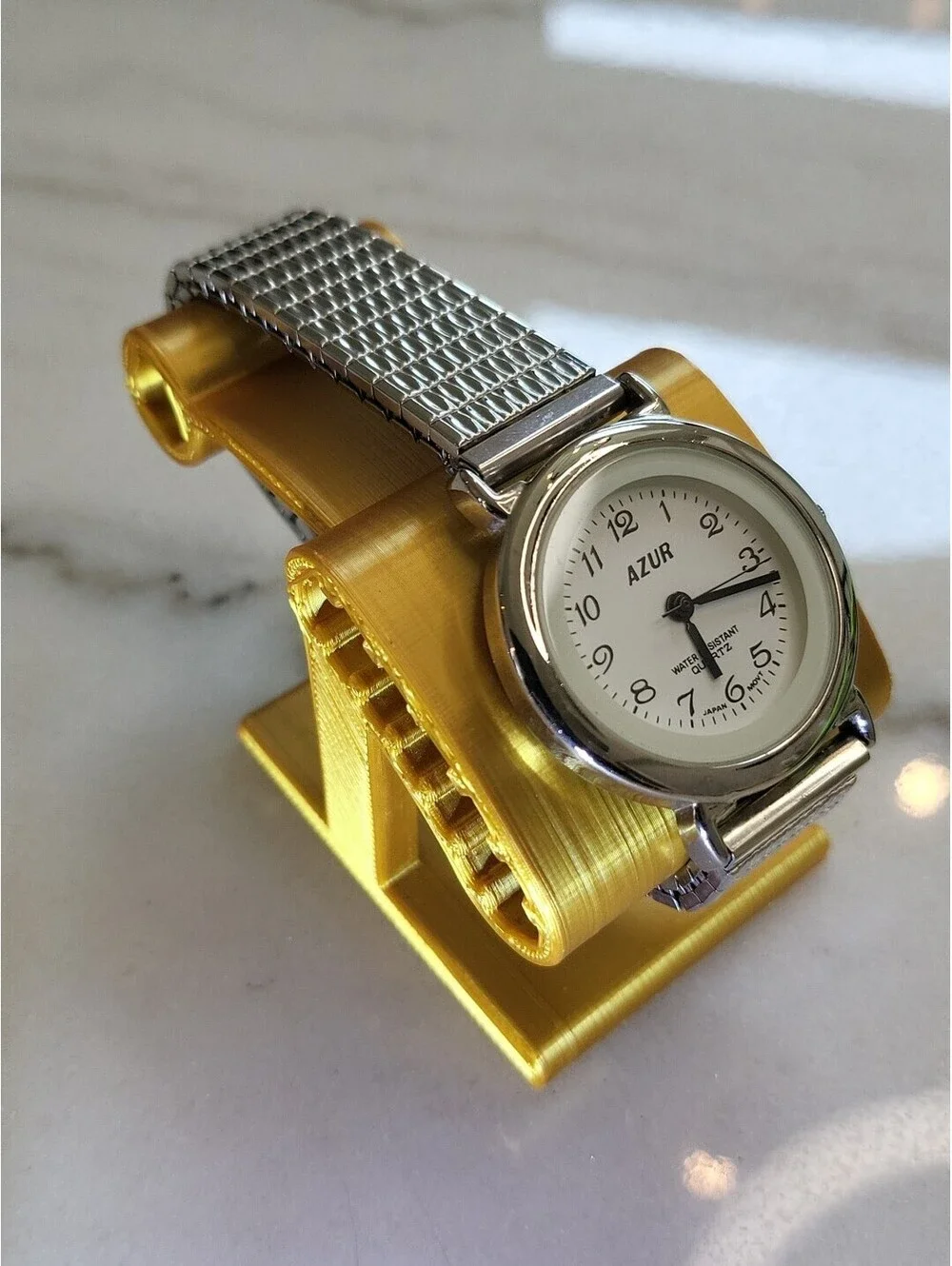Vtg Azur Womans Watch New Battery Silvertone Stretch Bracelet 32mm Works EUC